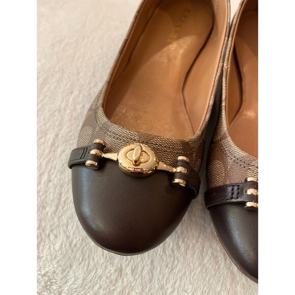 Coach Size 8.5 Women’s Ballet Leila Flats Khaki Chestnut Shoes Q9090 Logo w/ Box - Picture 5 of 15